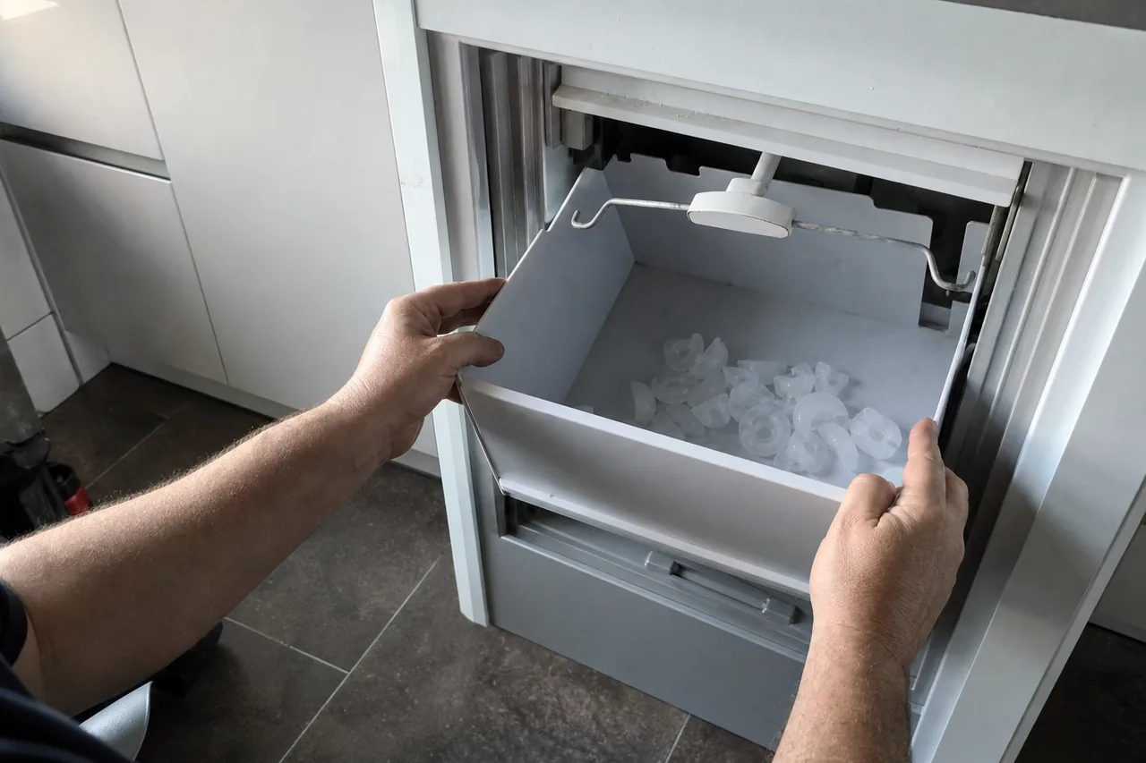 Two hands sliding a white plastic ice bin out from beneath a wire shut-off arm, a small heap of crescent cubes in the bin and dark floor tile below