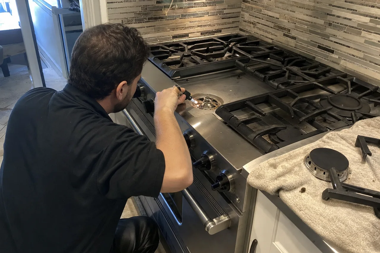 Technician leaning over a stainless professional gas range, easing a burner cap off its base with the cast grates stacked on a folded towel