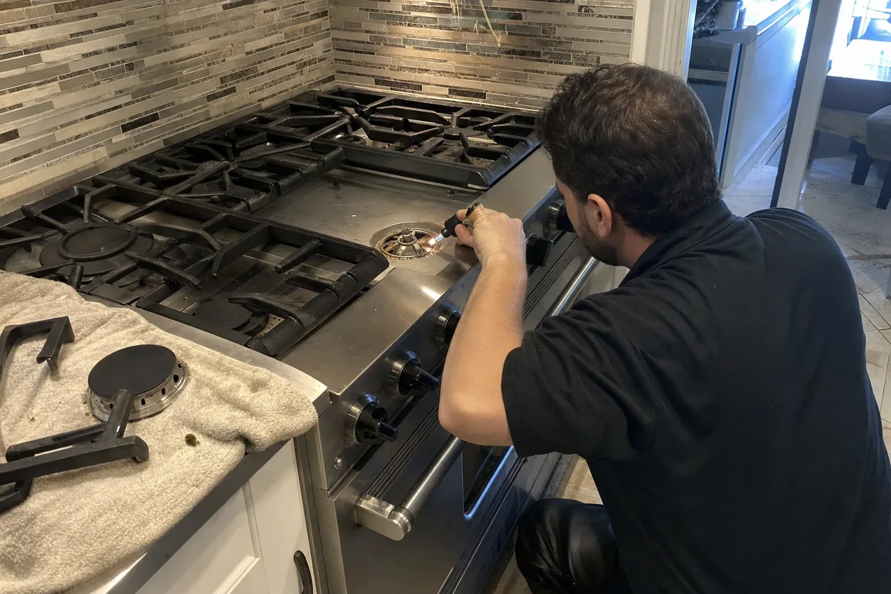 Mirrored frame of a six-burner range with one burner stripped and the grates set aside on the counter