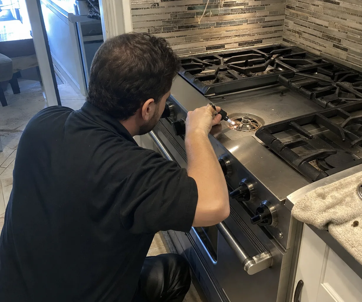 Left-hand crop of a stainless cooking surface with a burner head removed and the igniter standing clear