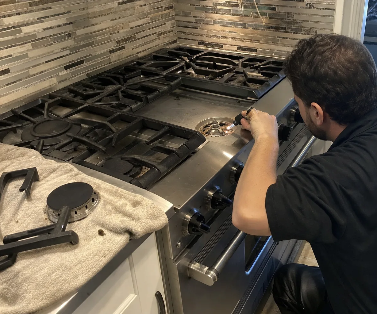 Right-hand crop of the cooking surface a hood has to clear, grates lifted and the tiled backsplash behind
