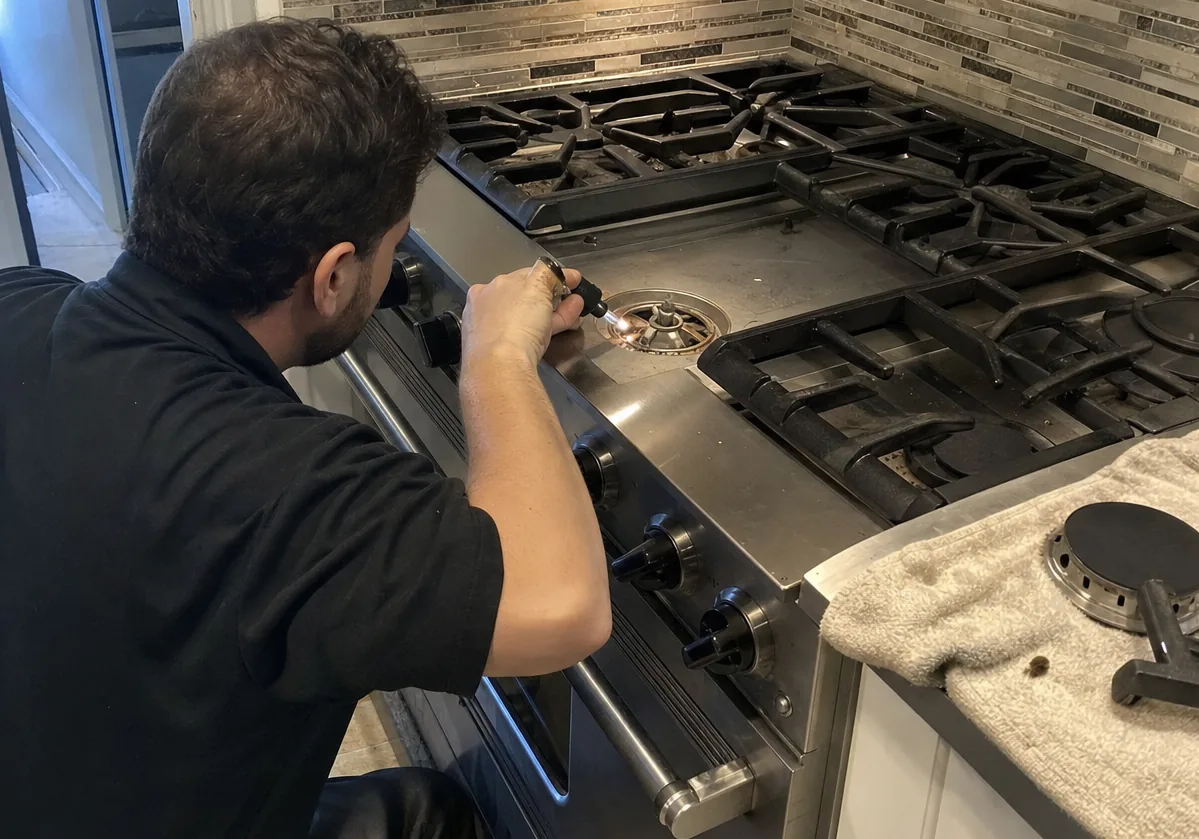 Centred frame of a professional range set into a tiled alcove with the burner assembly opened up