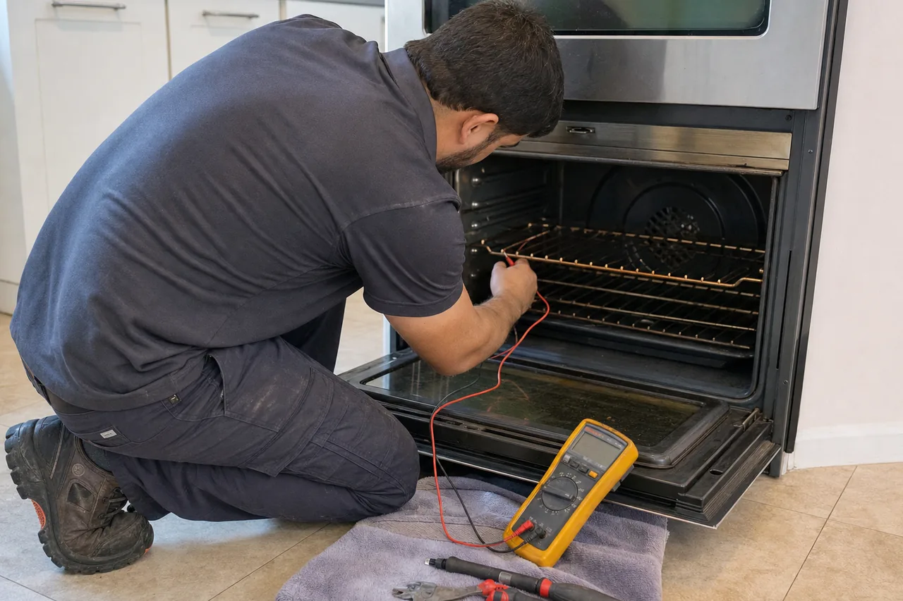 Technician kneeling at an open wall oven with meter leads run to the element and a yellow multimeter on the floor