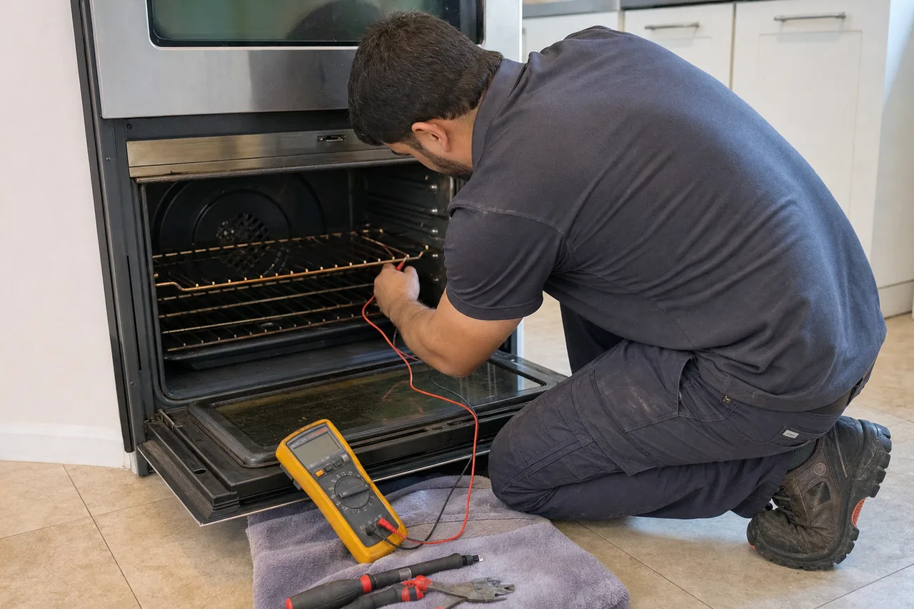 Mirrored frame of meter probes clipped to an oven element, the multimeter face lit on the tiled floor