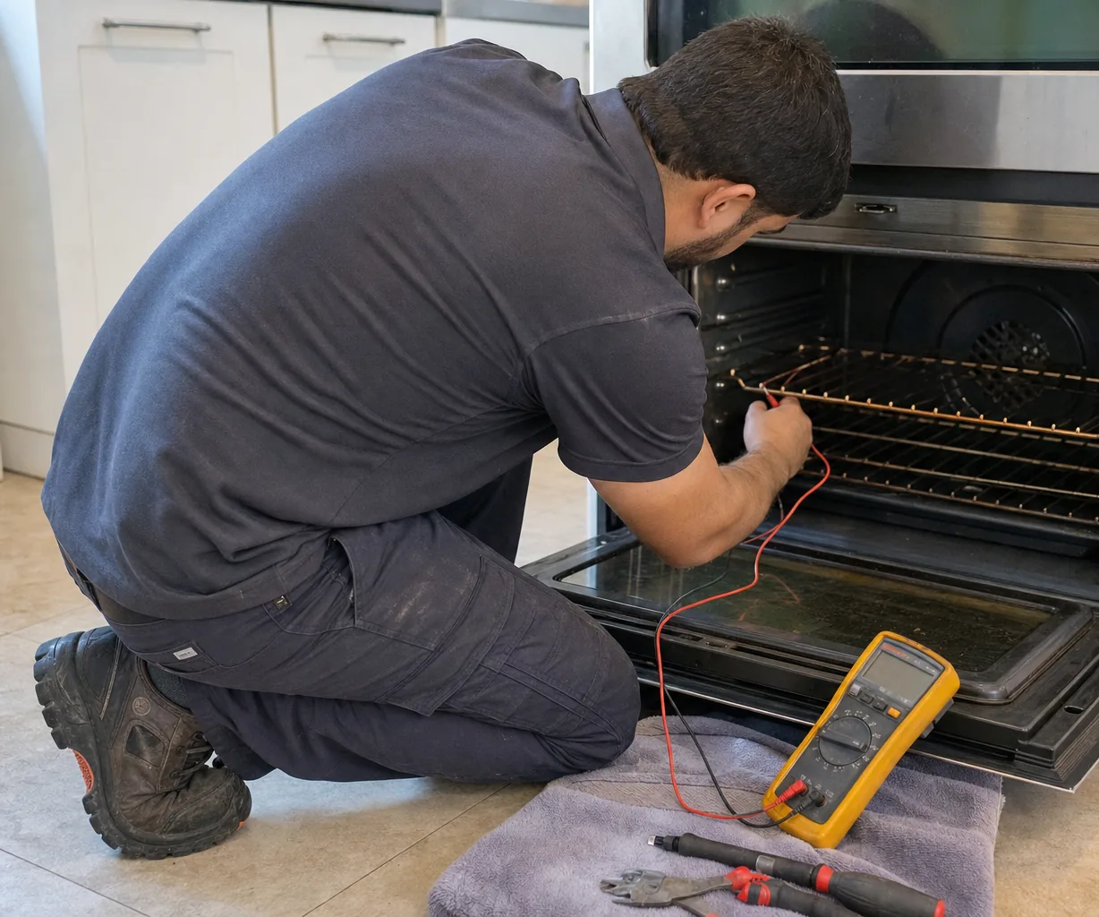 Left-hand crop of a multimeter and test leads laid out beside an opened built-in oven