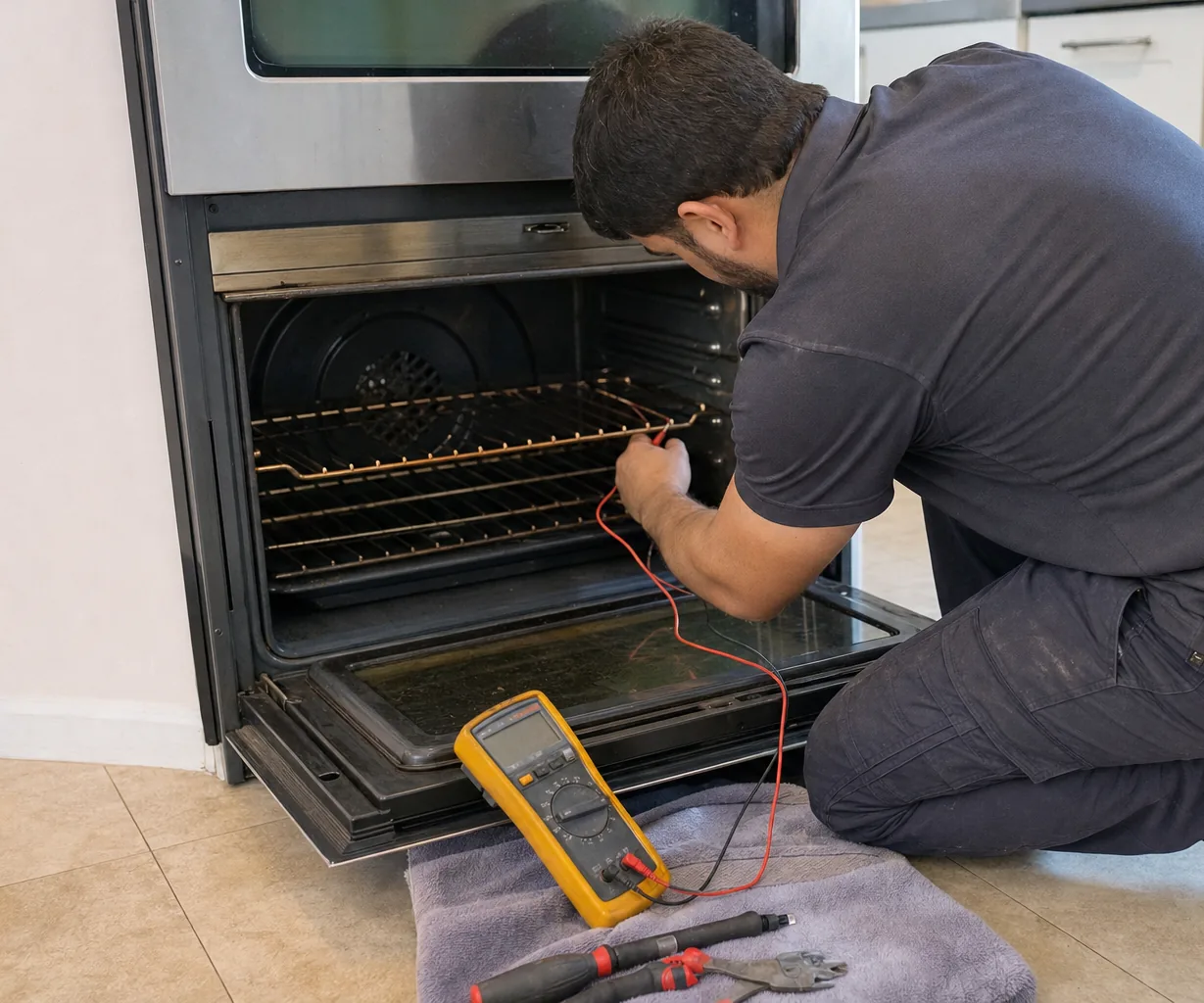 Right-hand crop of gloved hands and meter leads working inside the open front of a built-in appliance