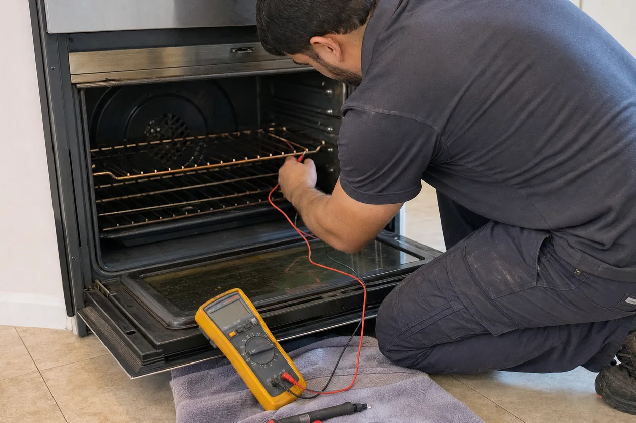 Wide mirrored view of a service call in progress, the appliance open and the test gear on the floor