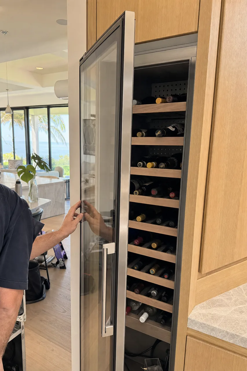Mirrored view of a tall wine cabinet with its door swung wide and the racks fully loaded